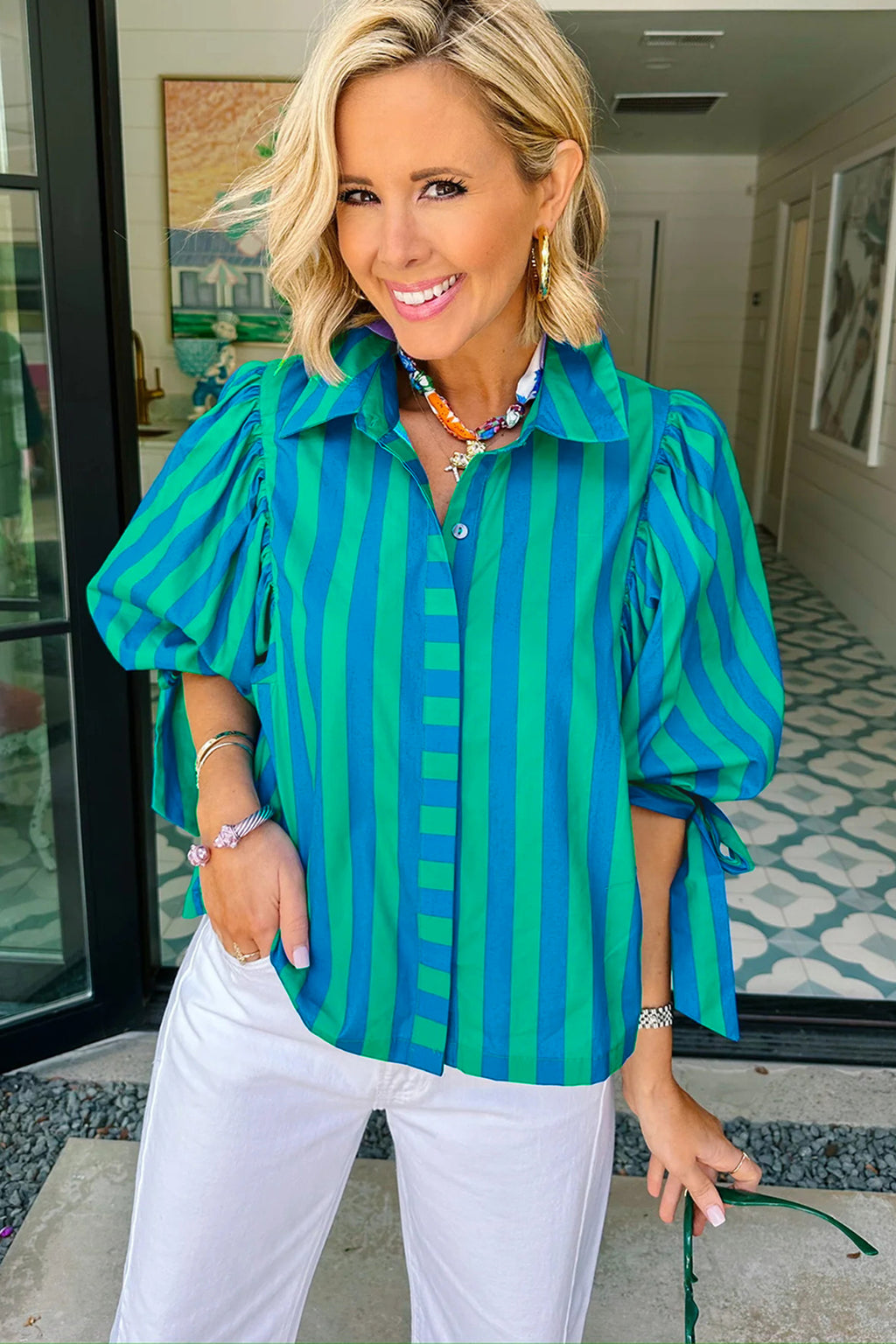 Stripe Tie Puff Sleeve Womens Button Down Shirt