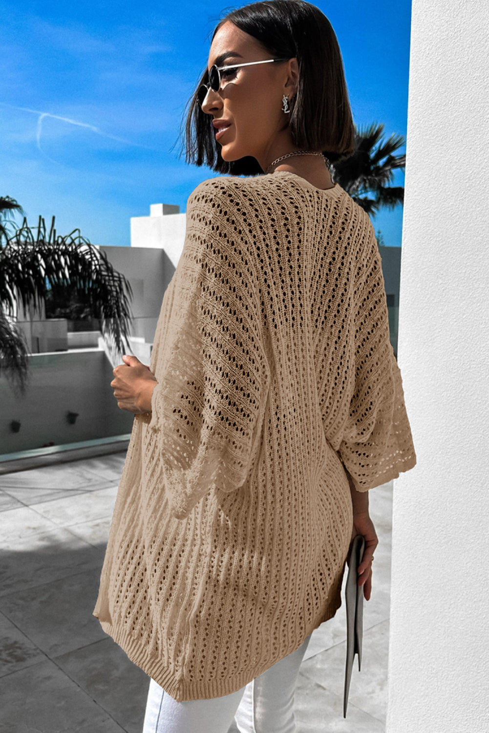 Solid Color Crochet Knit Tunic Sweater Cardigan