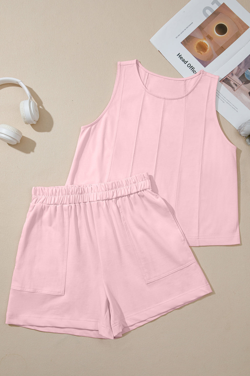 Stitched Detail Loose Tank Top Short Set