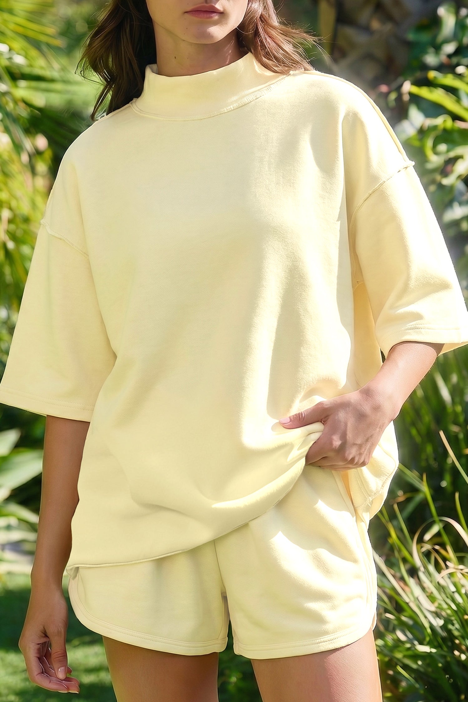 YSolid Color Seam Mock Neck 2 Piece Set