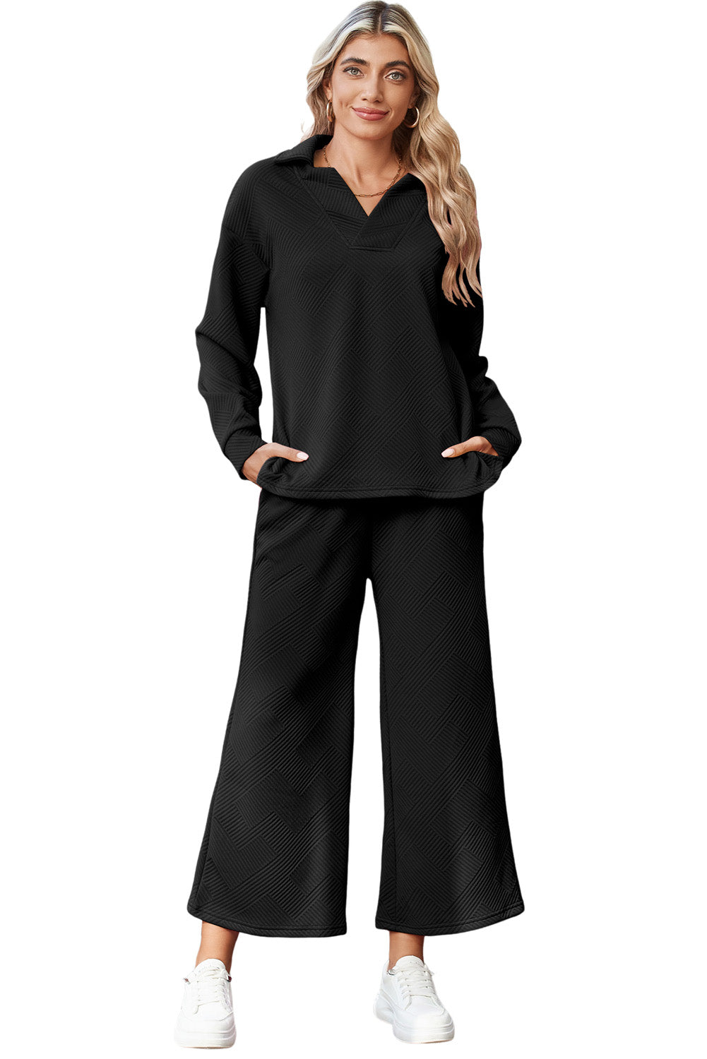 Textured Collared Pants Set