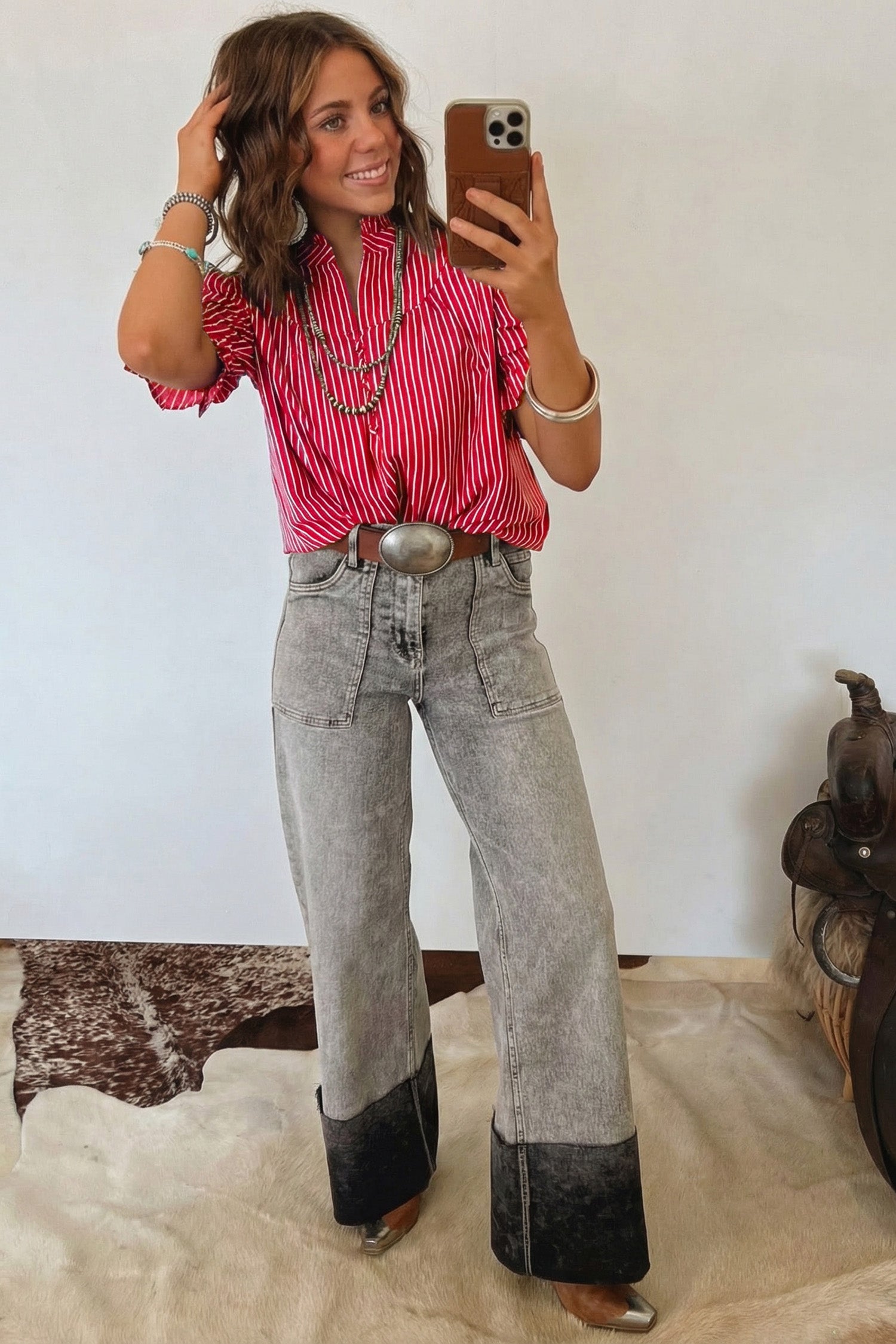 Stripe Ruffled Short Puff Sleeve Blouse