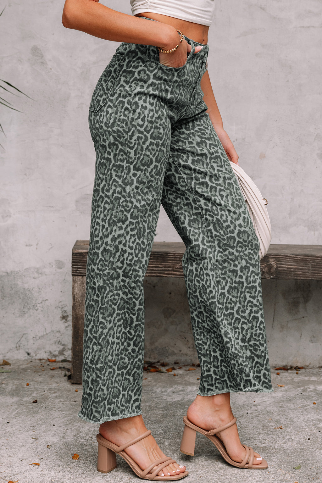 Leopard Frayed Edge Wide Leg High Waist Jeans