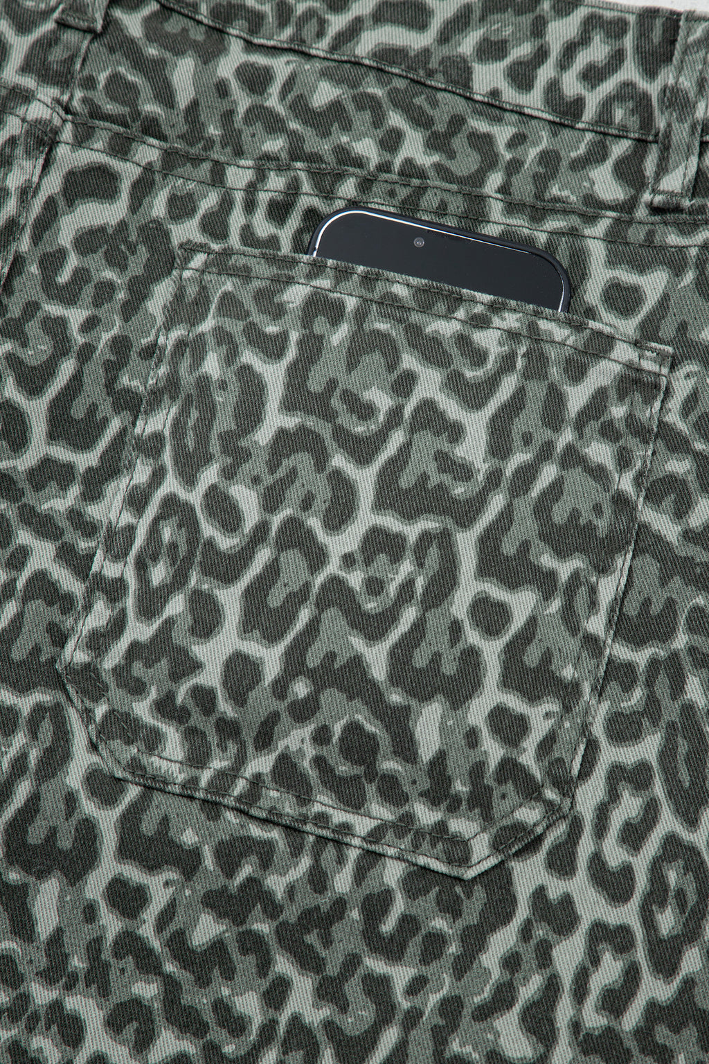 Leopard Frayed Edge Wide Leg High Waist Jeans