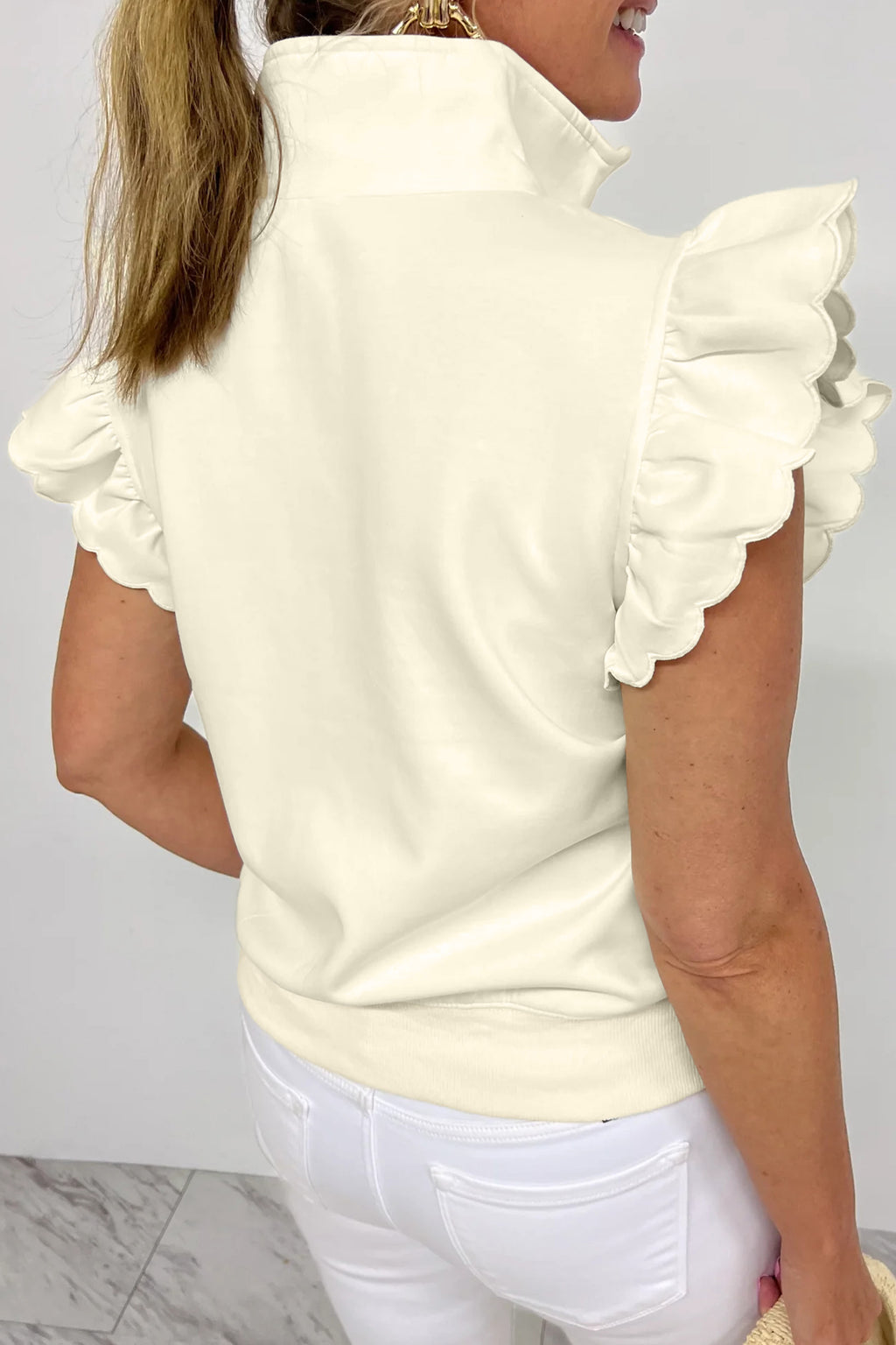 Zip up Collared Ruffled Short Sleeve Blouse