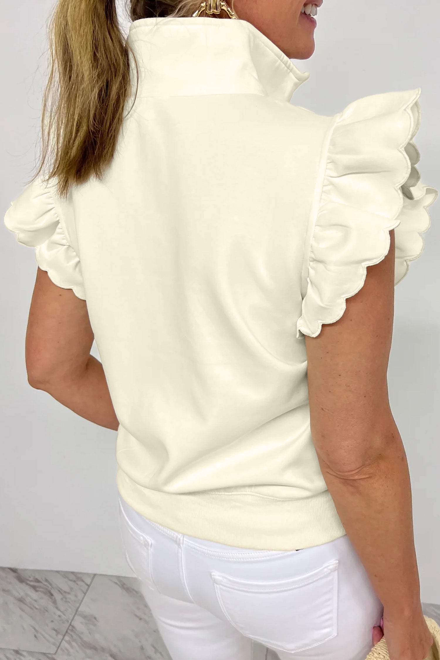 Zip up Collared Ruffled Short Sleeve Blouse