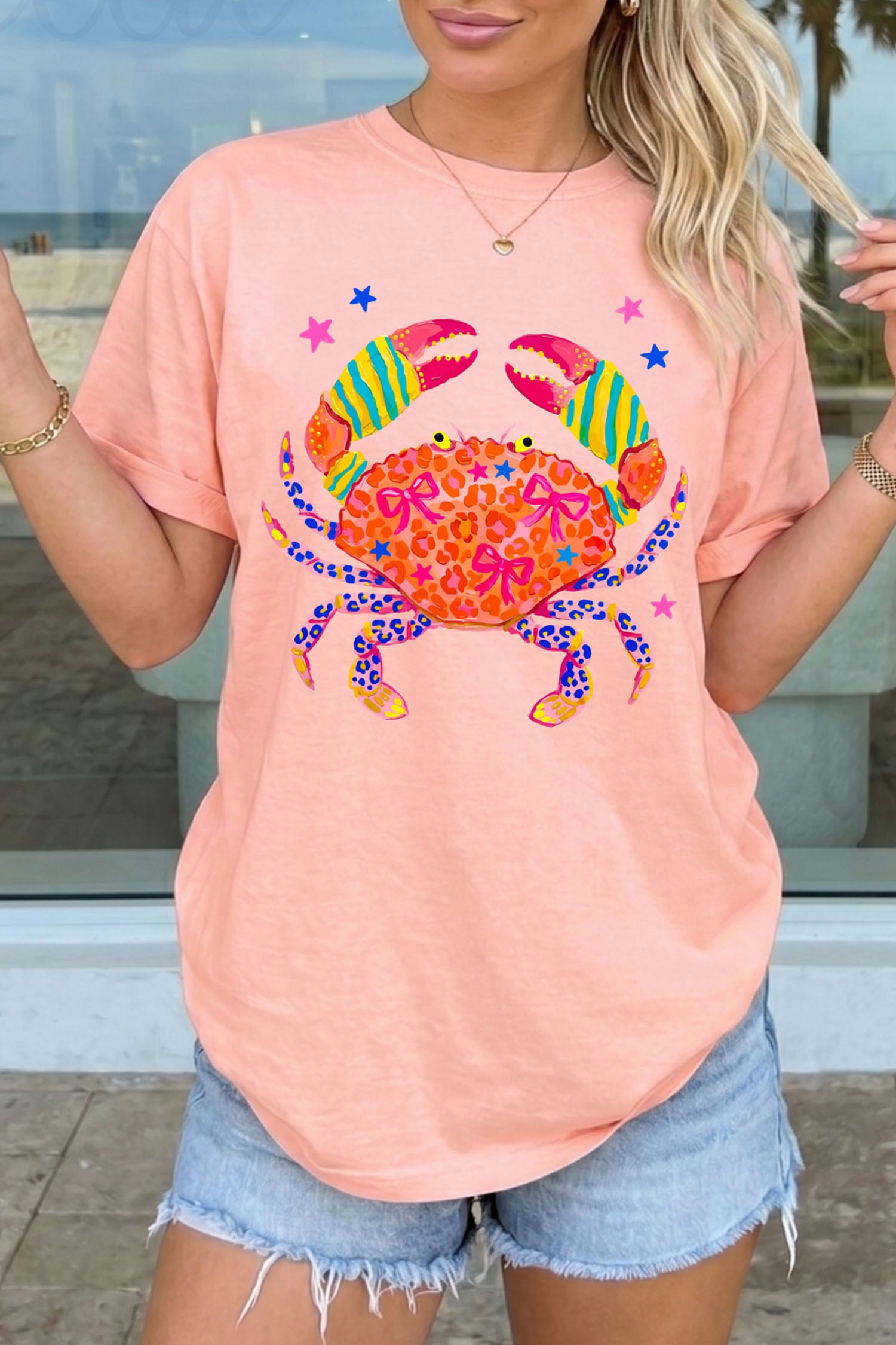 Crab Print Casual Round Neck T Shirt