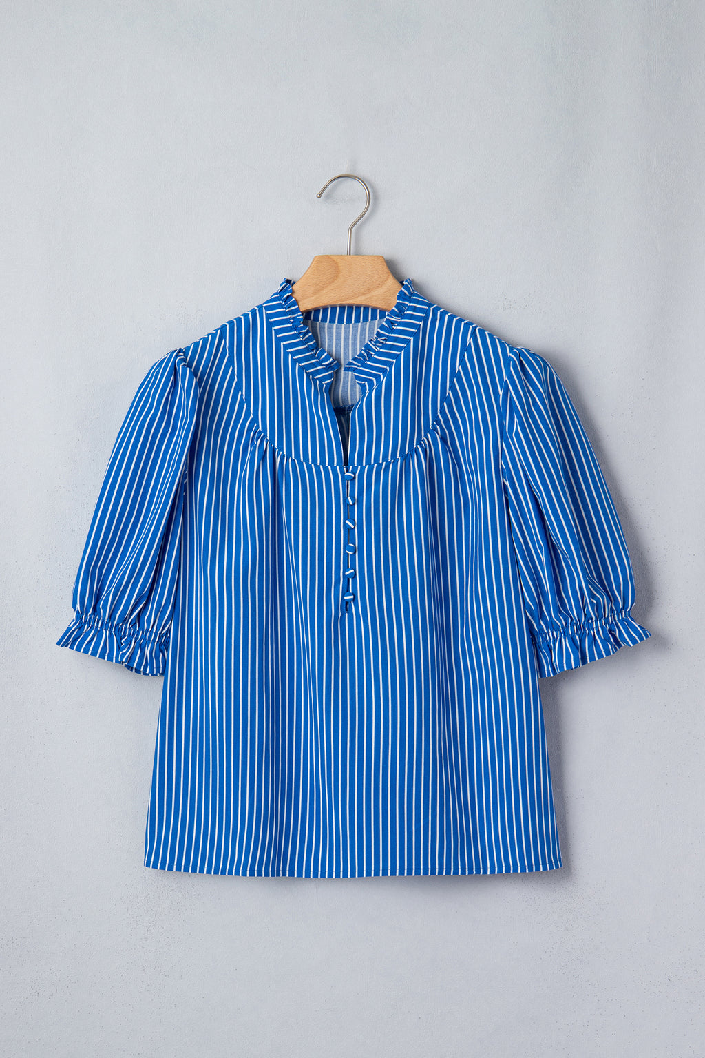 Stripe Ruffled Short Puff Sleeve Blouse