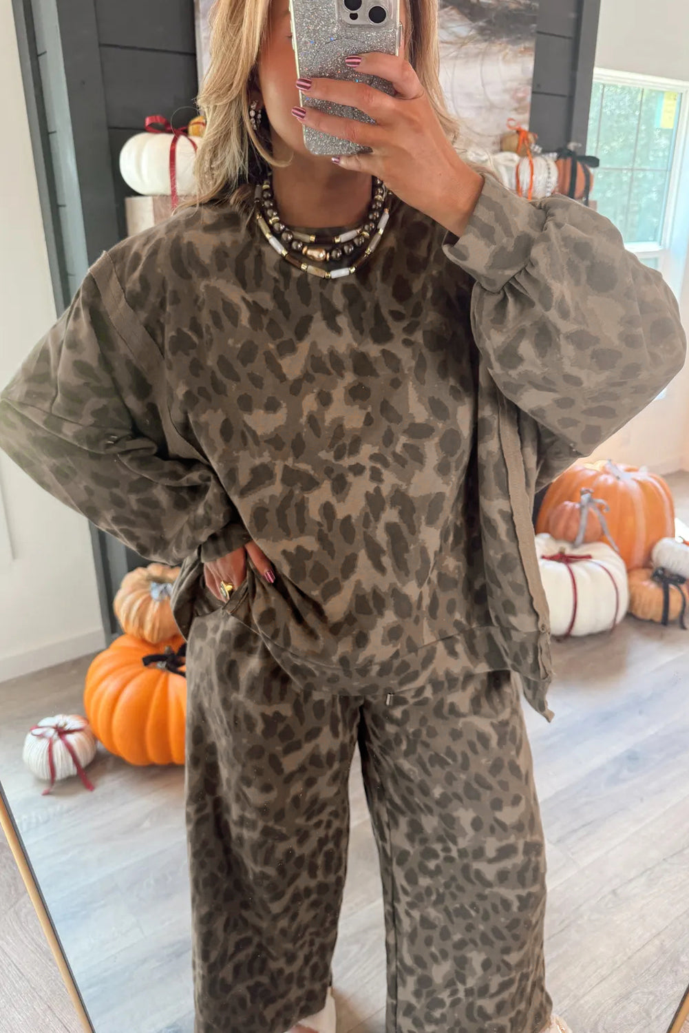 Leopard Print Pullover Drawstring Loose Pants Set