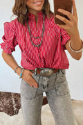 Stripe Ruffled Short Puff Sleeve Blouse