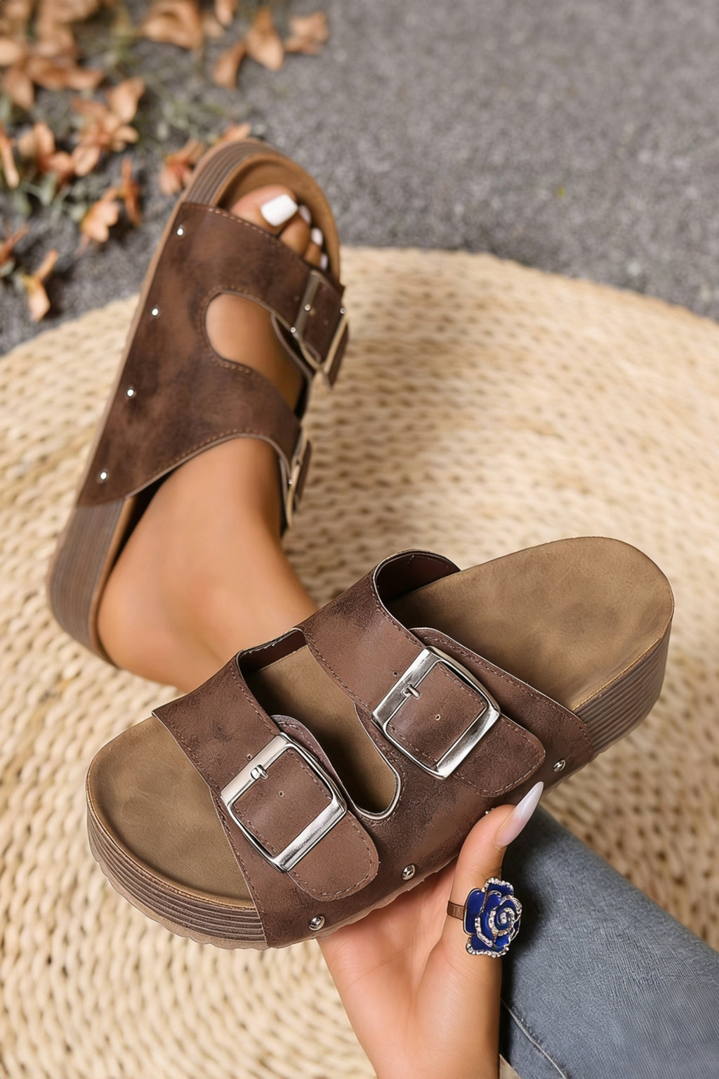 Retro Double Buckle Platform Sandals