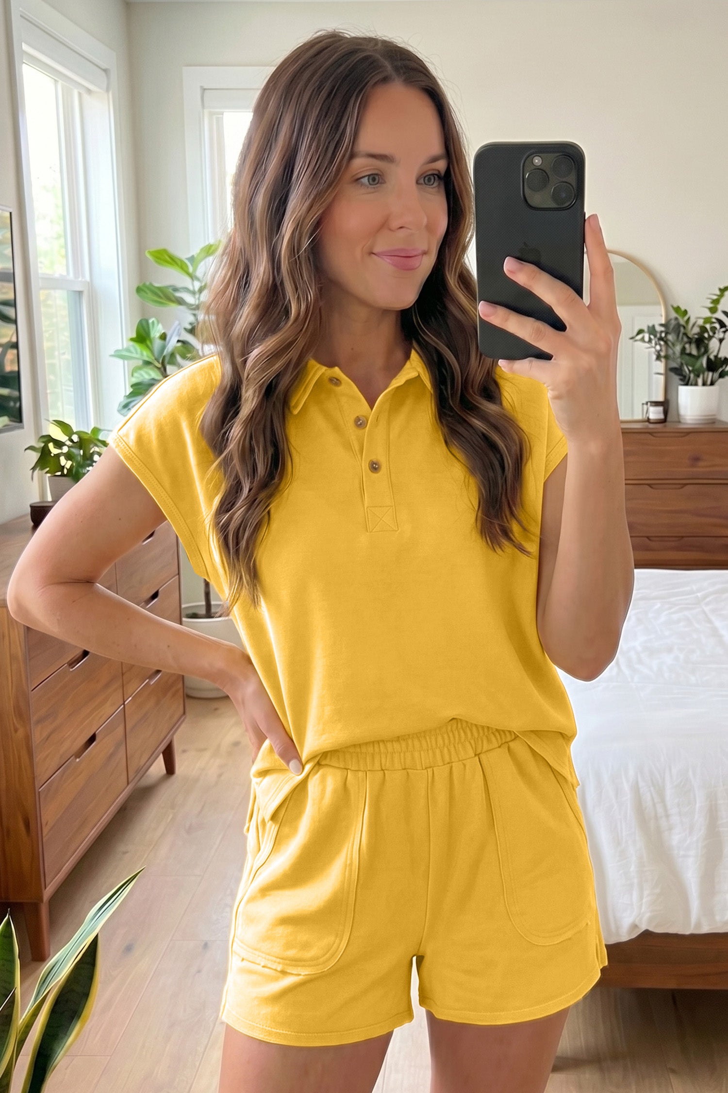Light Green Loose Polo Tee Elastic Waist 2pcs Short Set