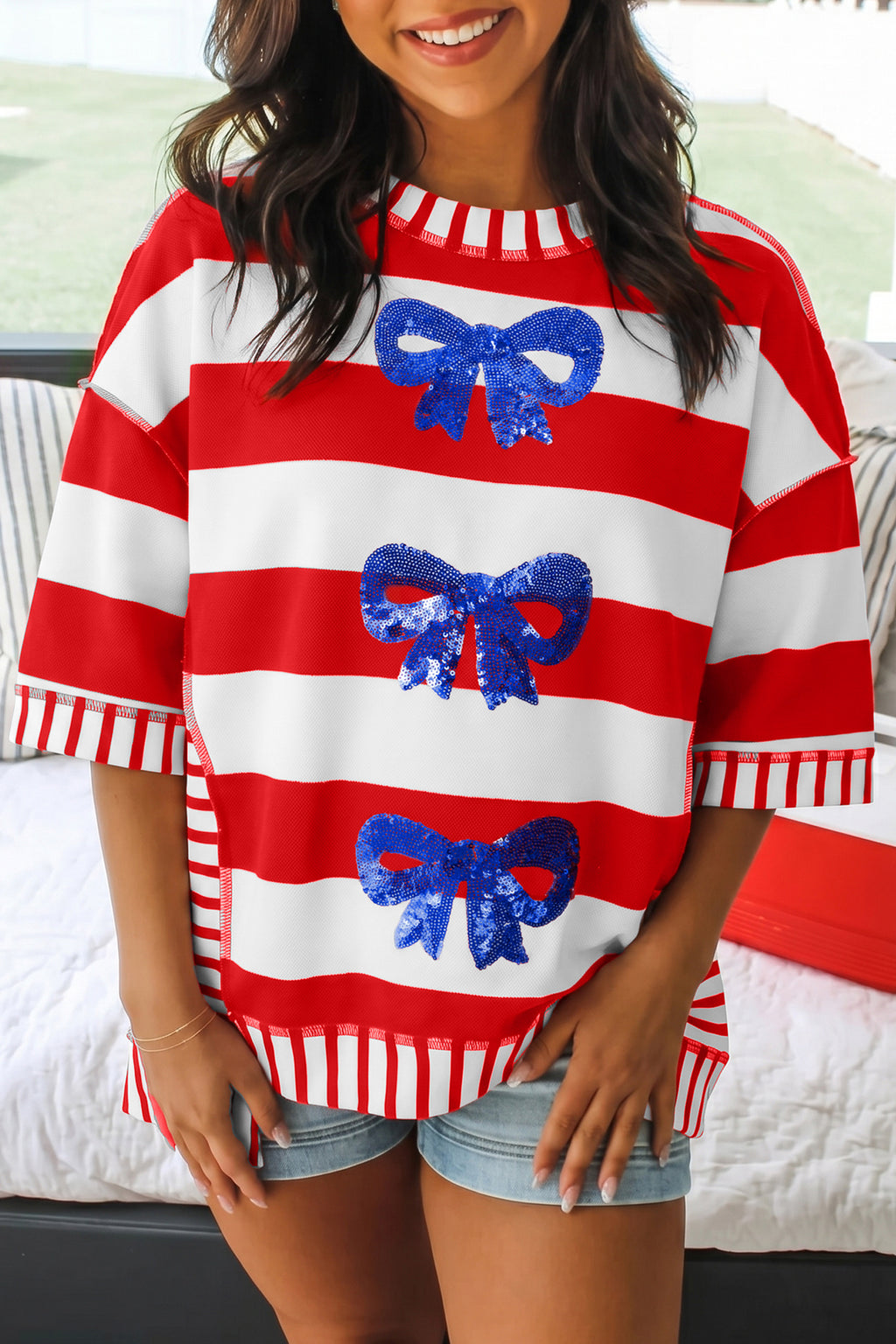 Sequin Bow Patriotic Half Sleeve Top
