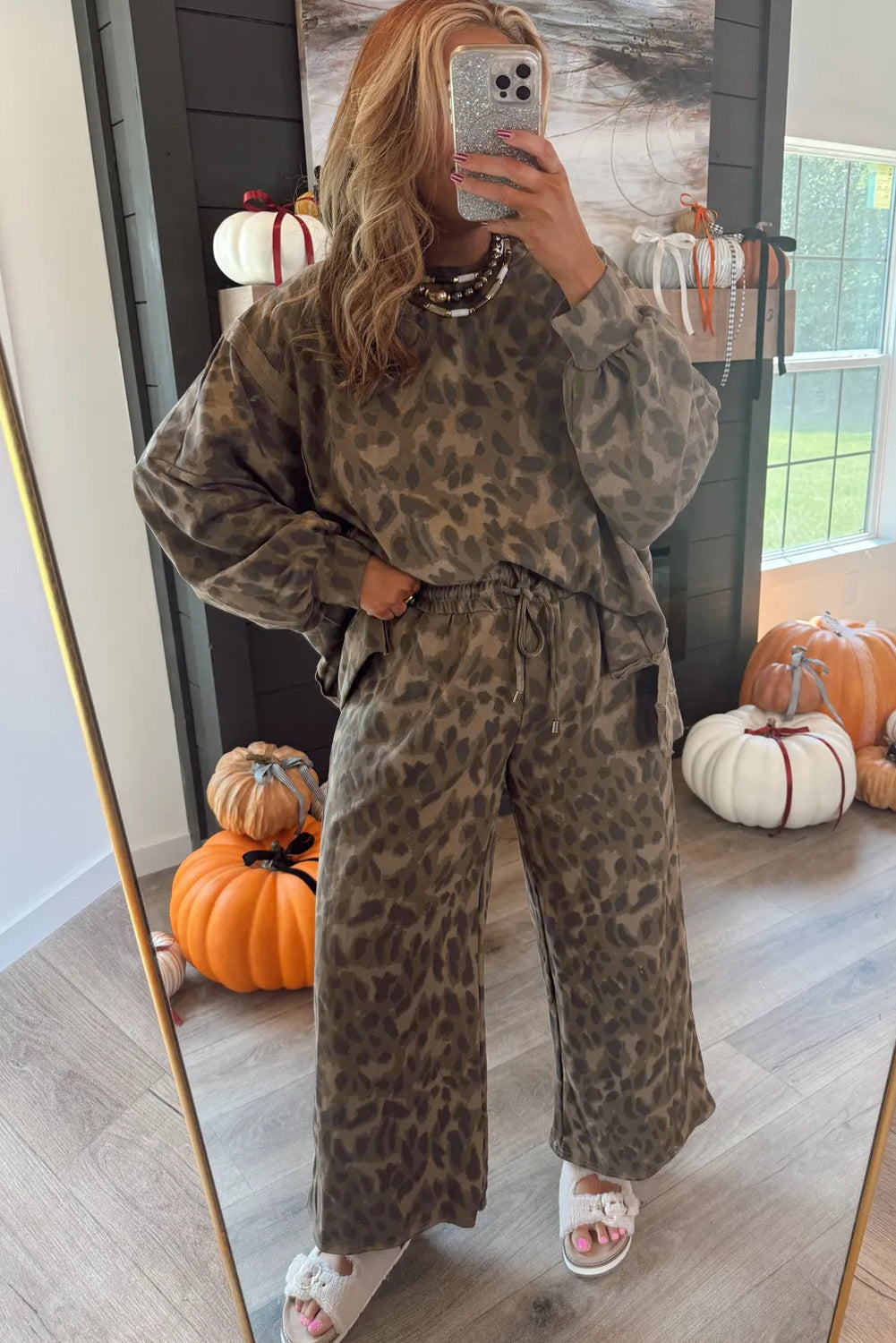 Leopard Print Pullover Drawstring Loose Pants Set