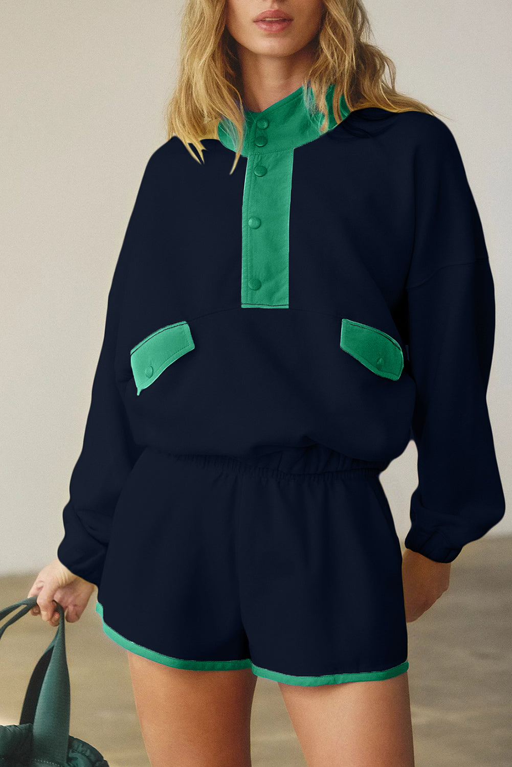 Half Button Pullover and Shorts Outfit