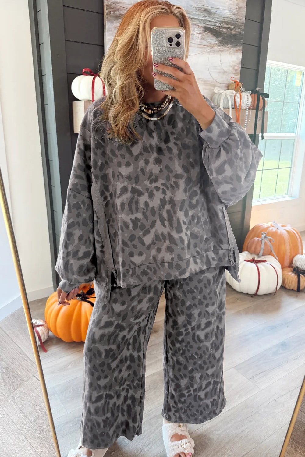 Leopard Print Pullover Drawstring Loose Pants Set