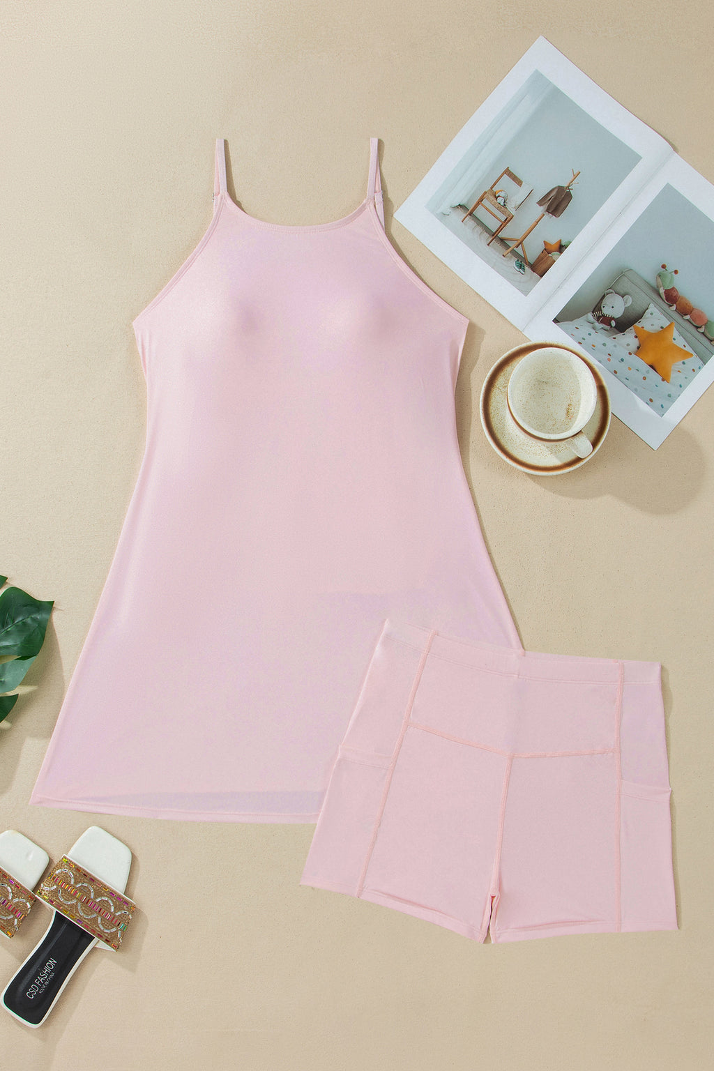 Solid Color Tunic Tank Dress Athletic Shorts Two Piece Set