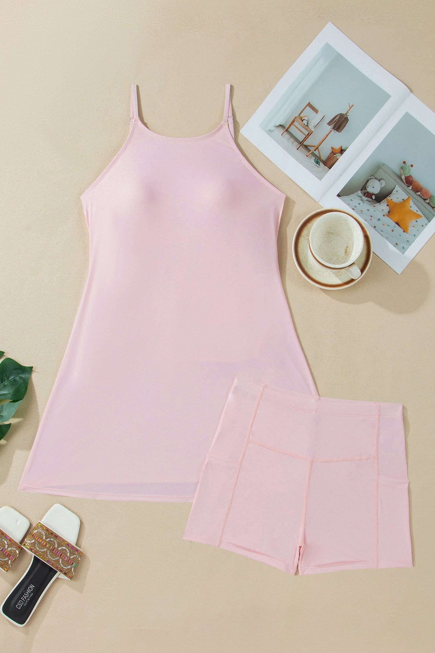 Solid Color Tunic Tank Dress Athletic Shorts Two Piece Set