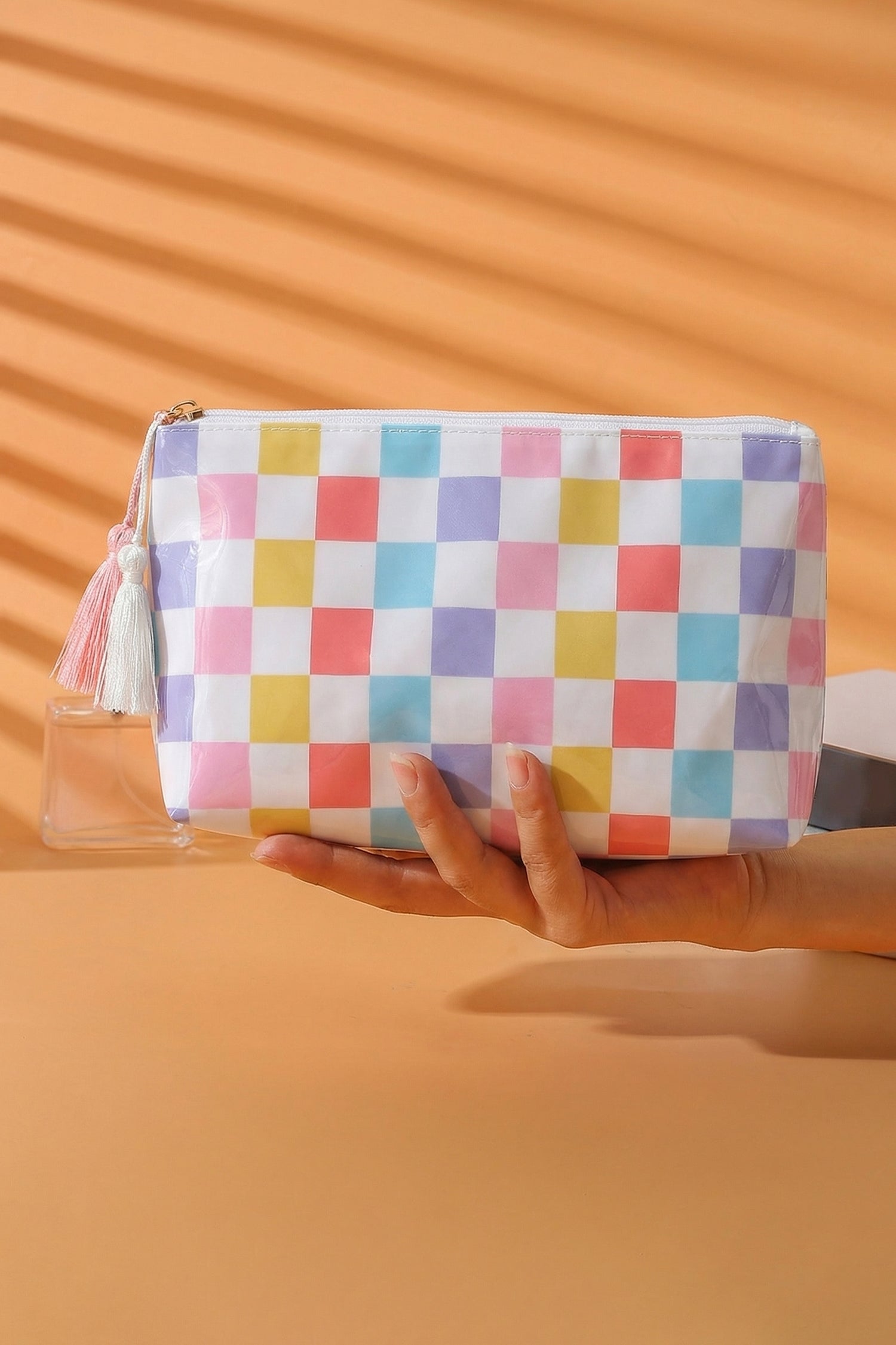 Checkered Vinyl Waterproof Tassel Makeup Bag
