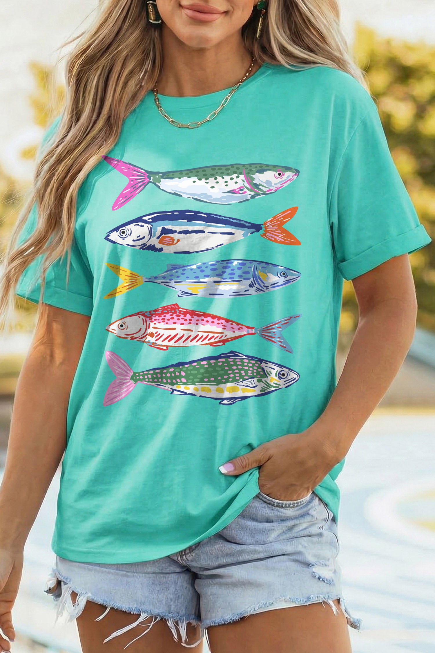 Fish Print Casual Short Sleeve T Shirt
