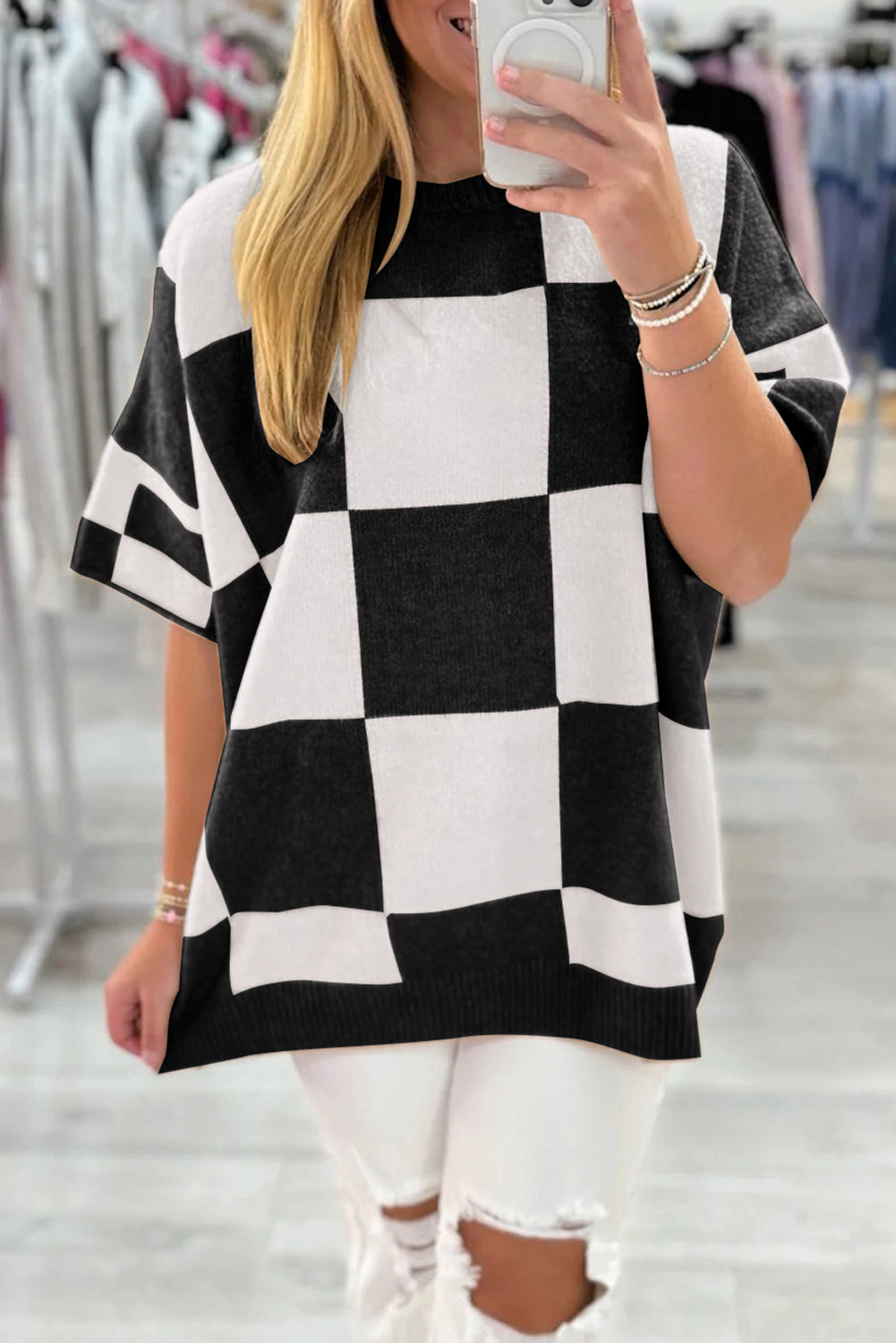 Checkered Pattern Loose Short Sleeve Sweater