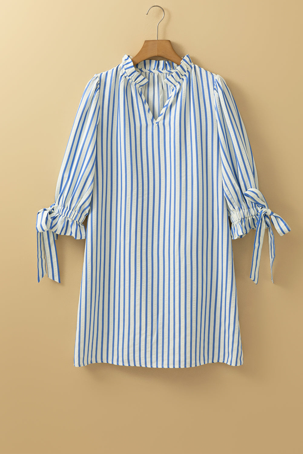 Striped Notched Neck Knot Cuffs Mini Dress