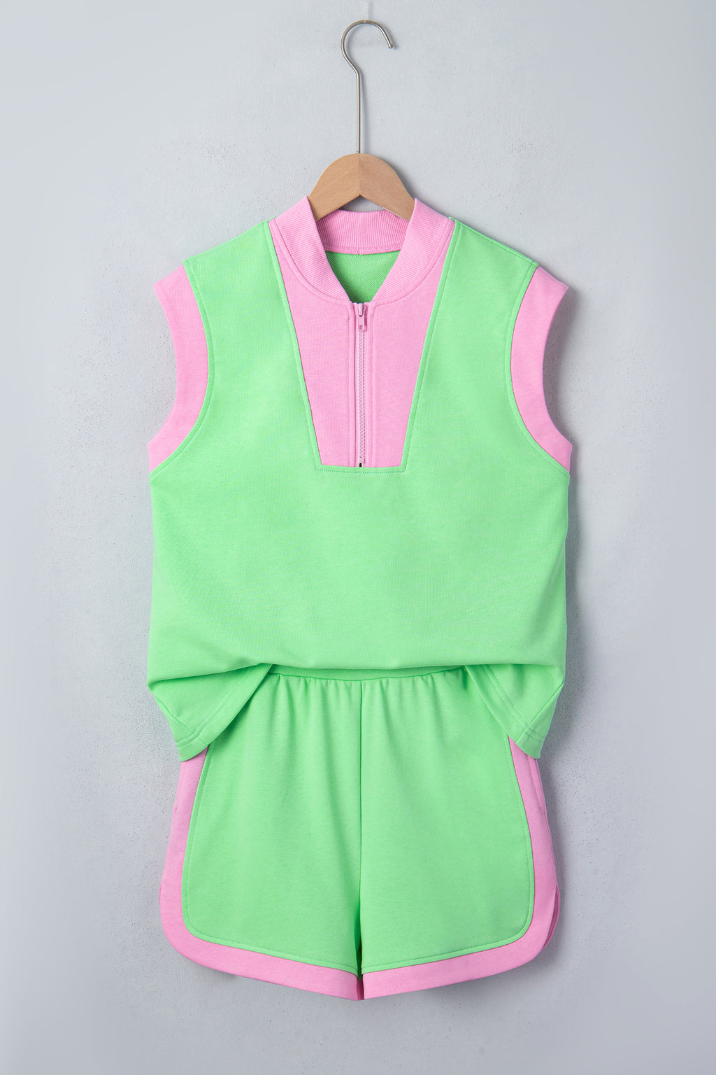 Green Color Block Accent Half Zip Shorts Set