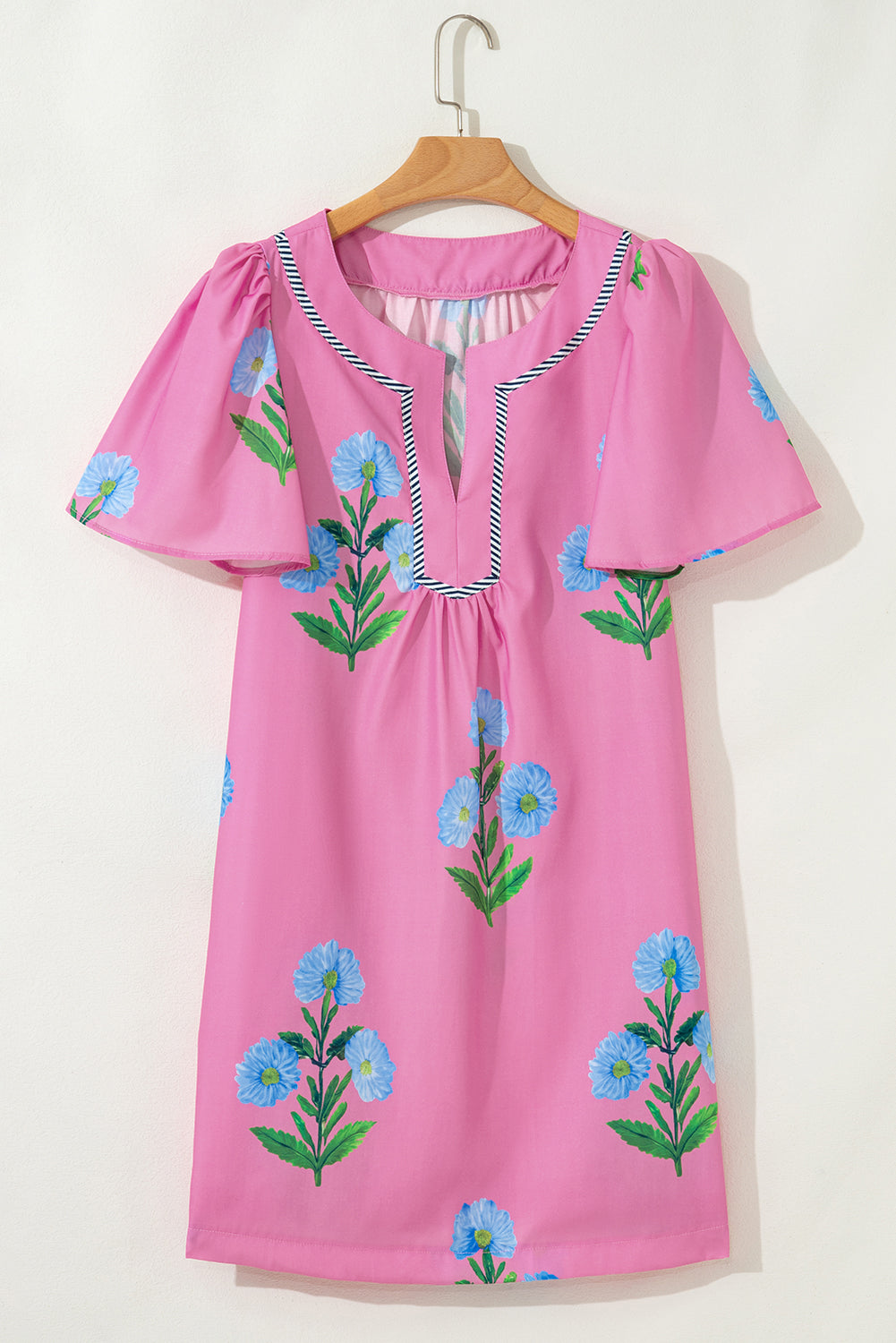 Striped Trim Short Sleeve Floral Mini Dress