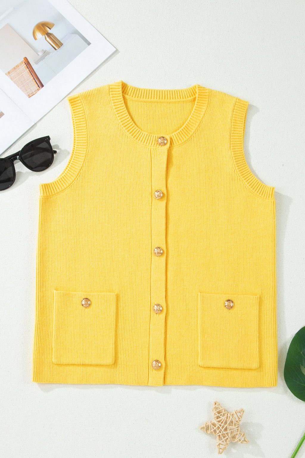 Sleeveless Knit Button Pocket Sweater