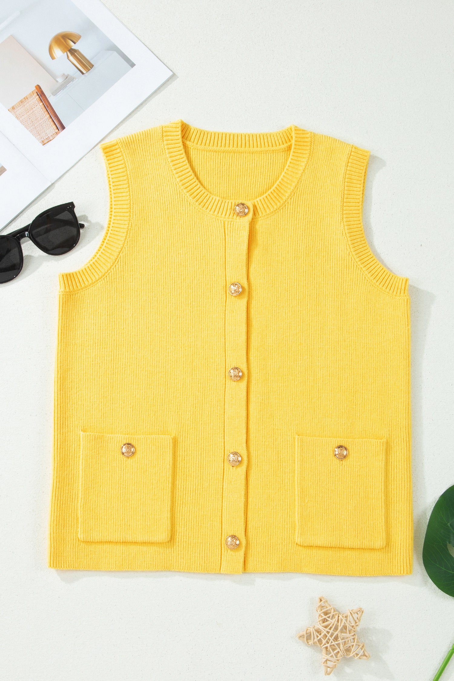 Sleeveless Knit Button Pocket Sweater