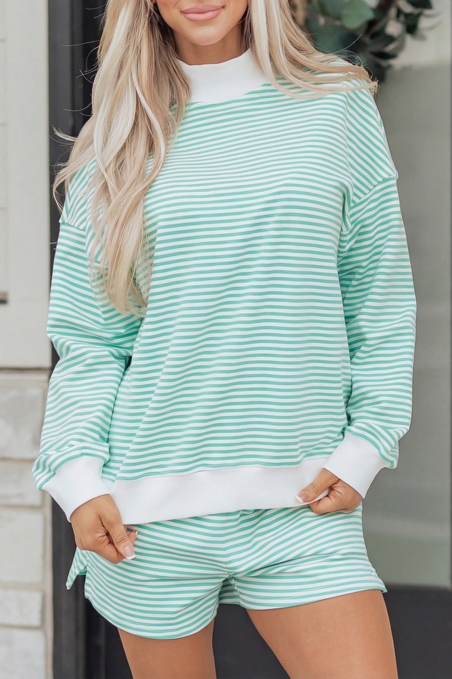 Stripe Oversize Mock Neck Sweatshirt and Shorts Set
