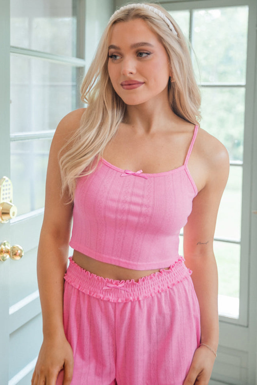 Cropped Bow Cami Shorts and Cardigan 3pcs Pajama Set