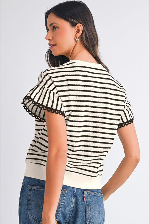 Black Stripe Scallop Ruffle Sleeves Top