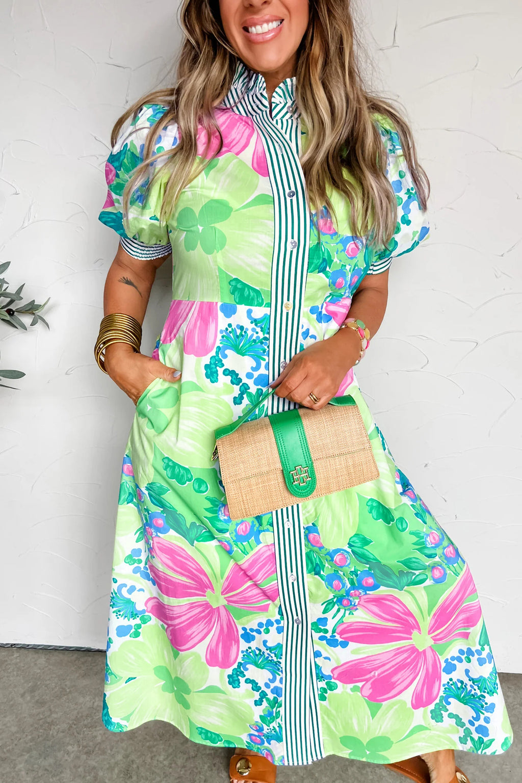 Floral Print Button Down Short Sleeve Dress