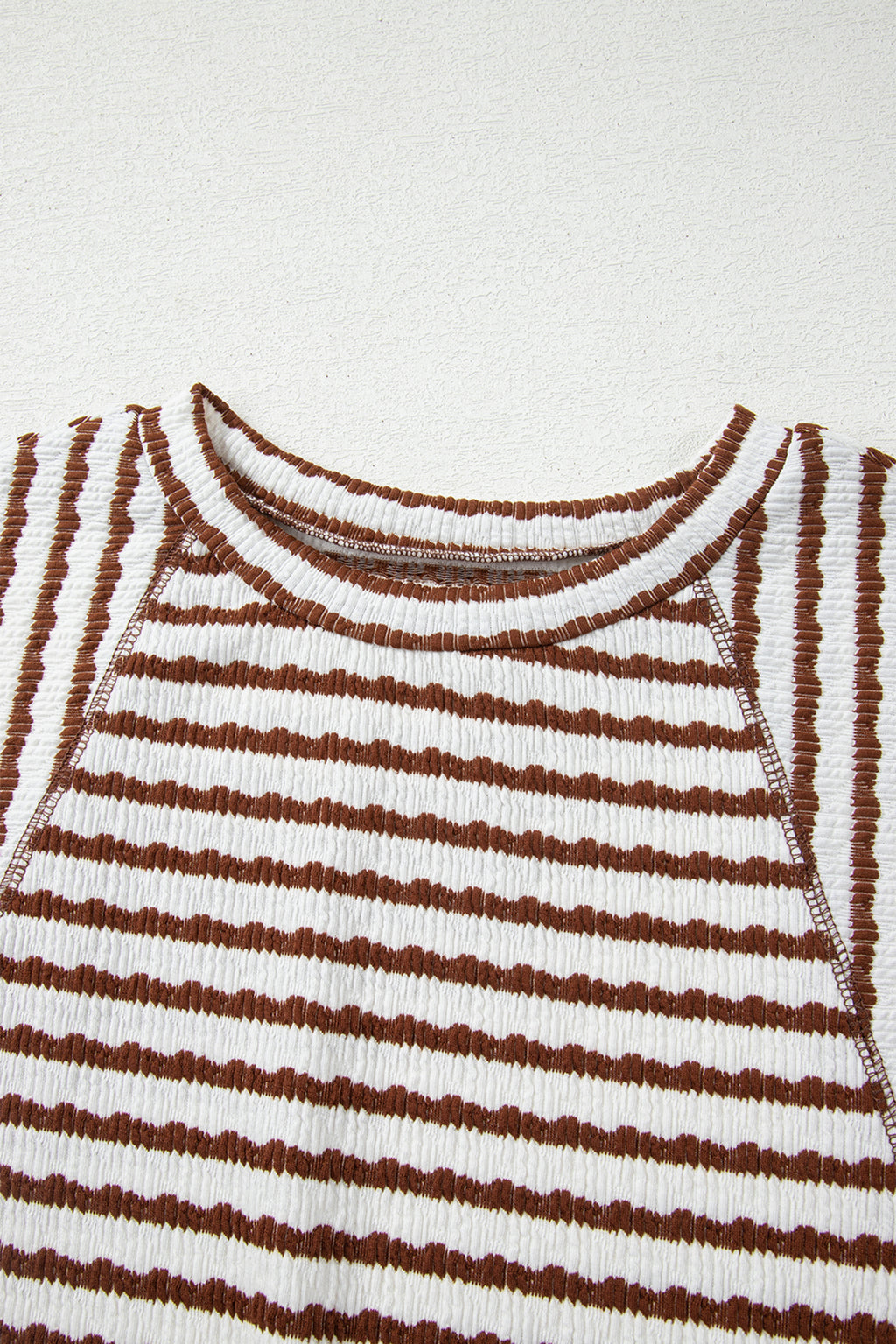 Apricot Stripe Textured Knit Split Hem Half Sleeve Loose Top