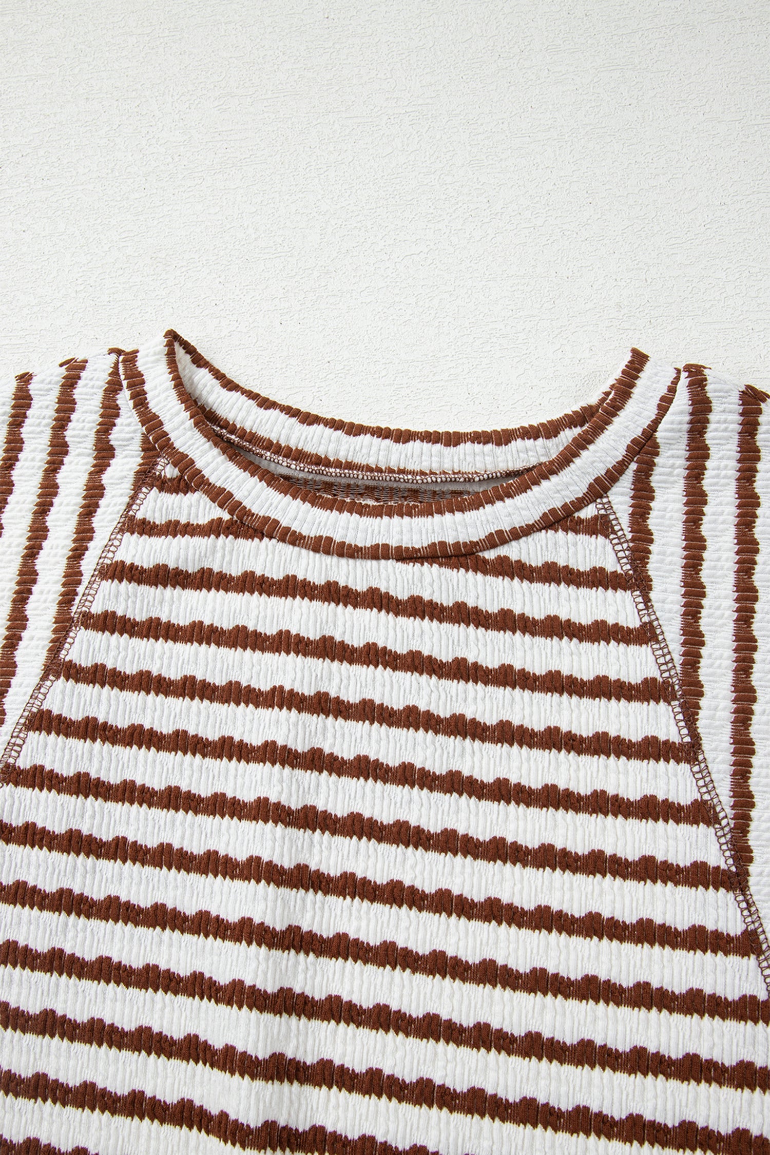 Apricot Stripe Textured Knit Split Hem Half Sleeve Loose Top