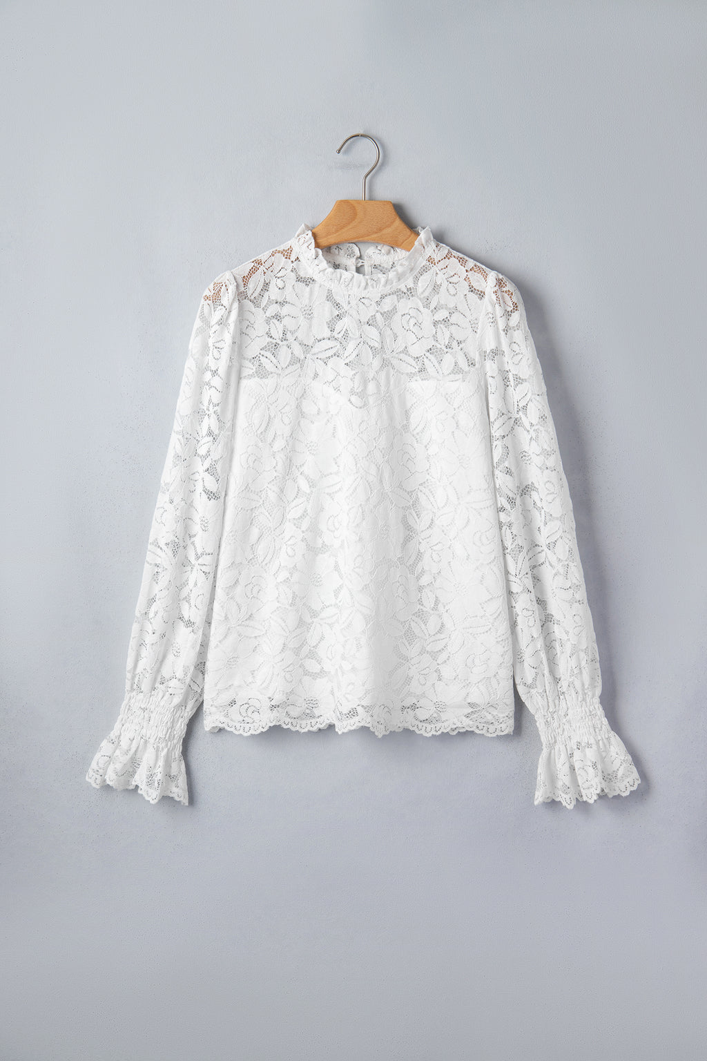 White Ruffled Long Sleeve Sheer Lace Top