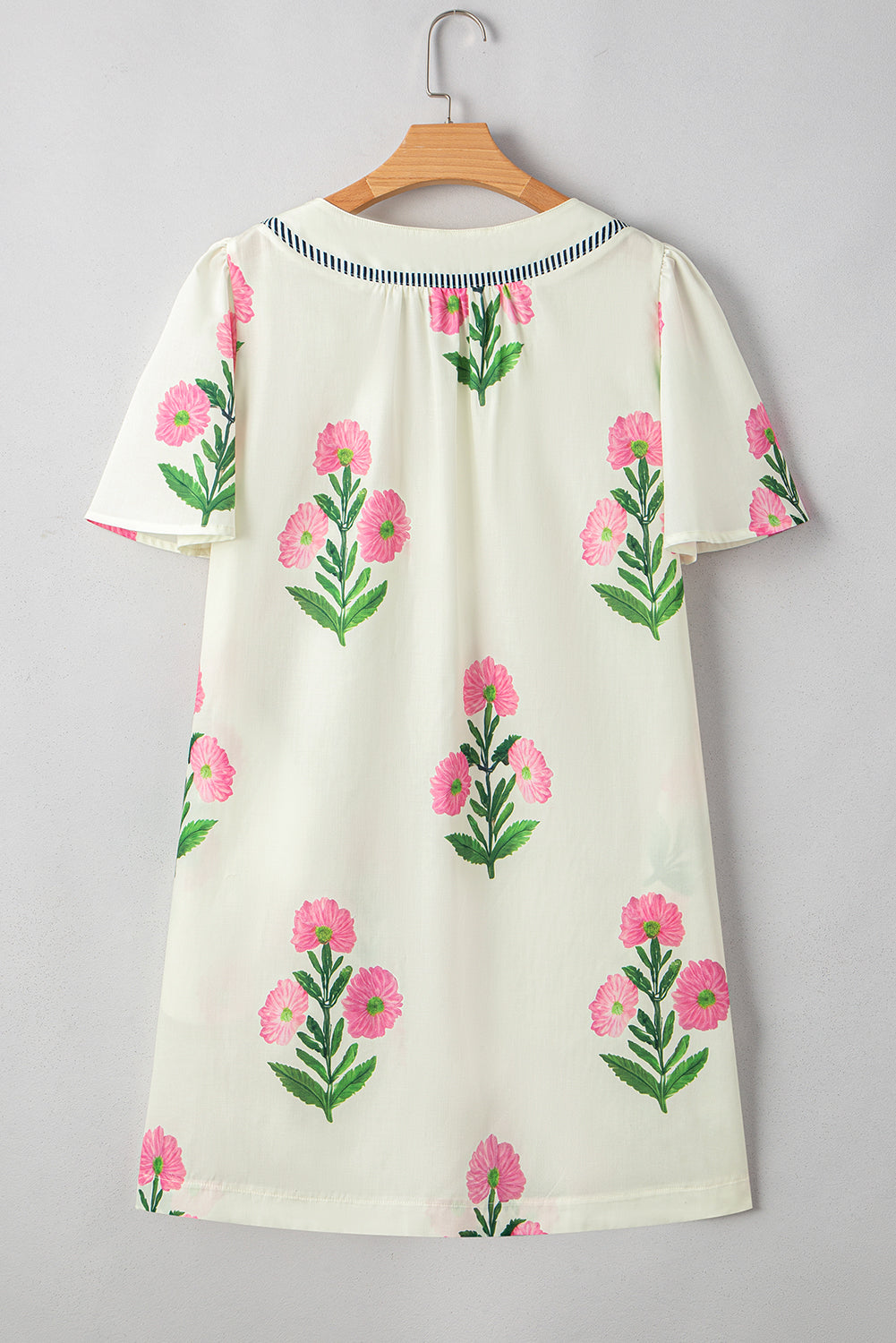 Striped Trim Short Sleeve Floral Mini Dress