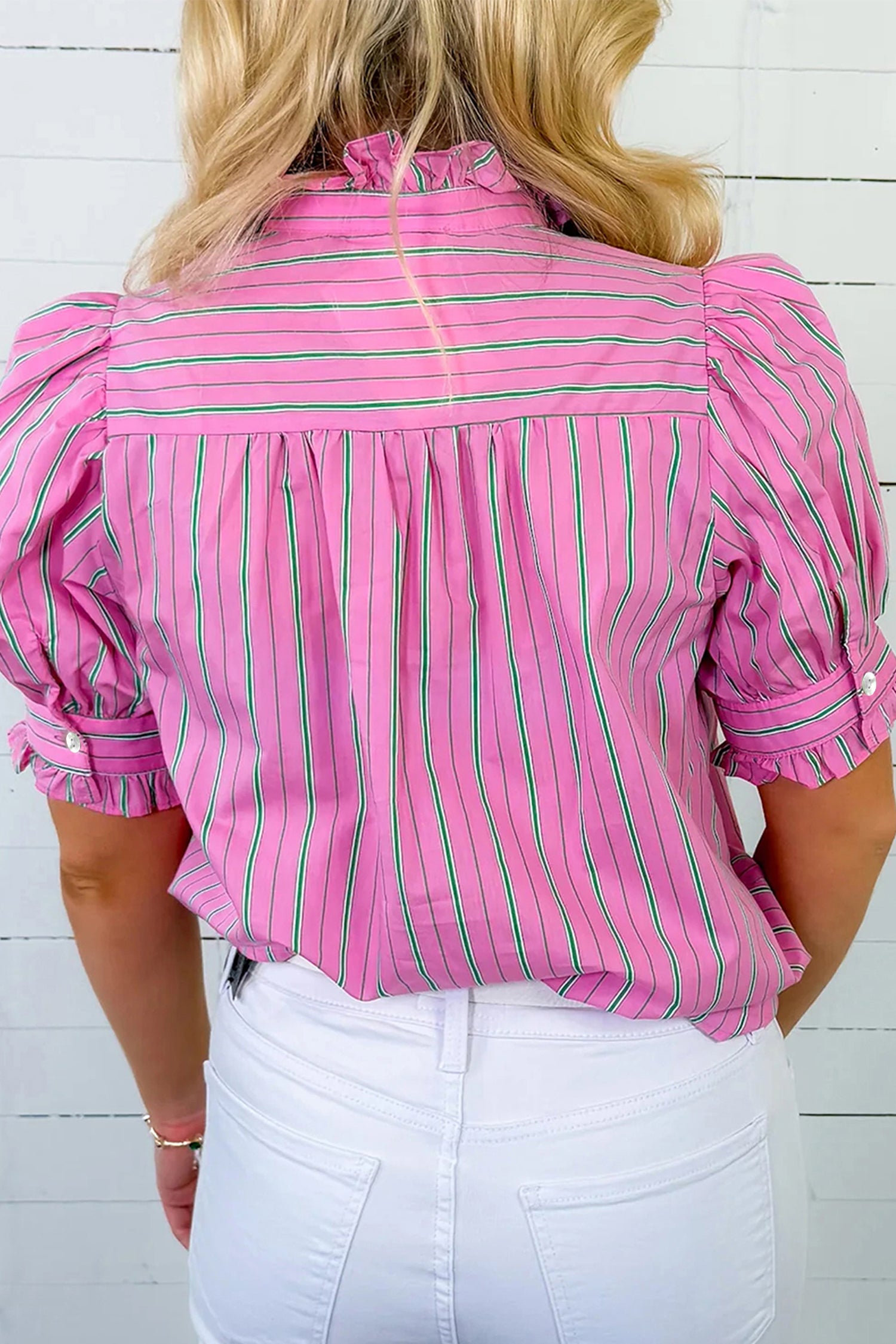Ruffle Trim Half Button Short Sleeve Top