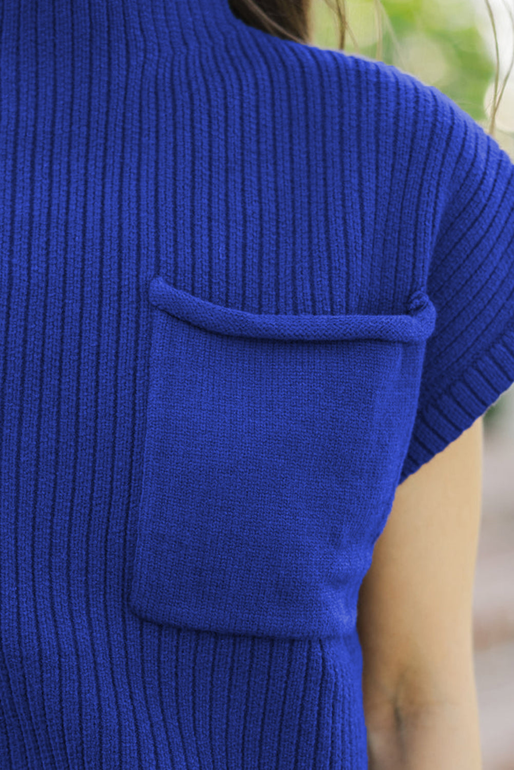 Gray Patch Pocket Ribbed Knit Short Sleeve Sweater
