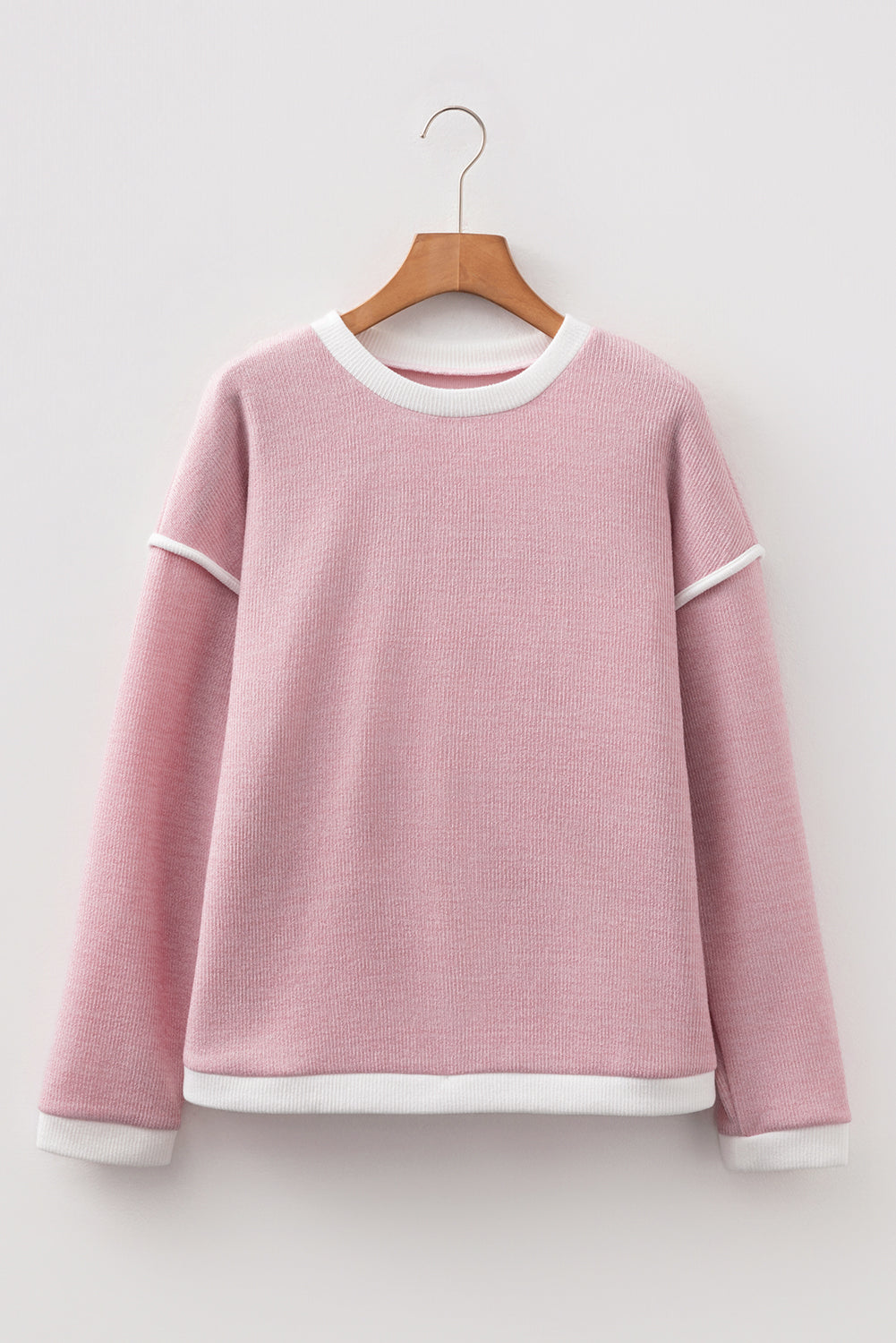 Beige Contrast Color Trim Knit Drop Shoulder Loose Top