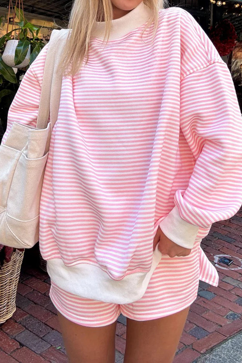 Stripe Oversize Mock Neck Sweatshirt and Shorts Set