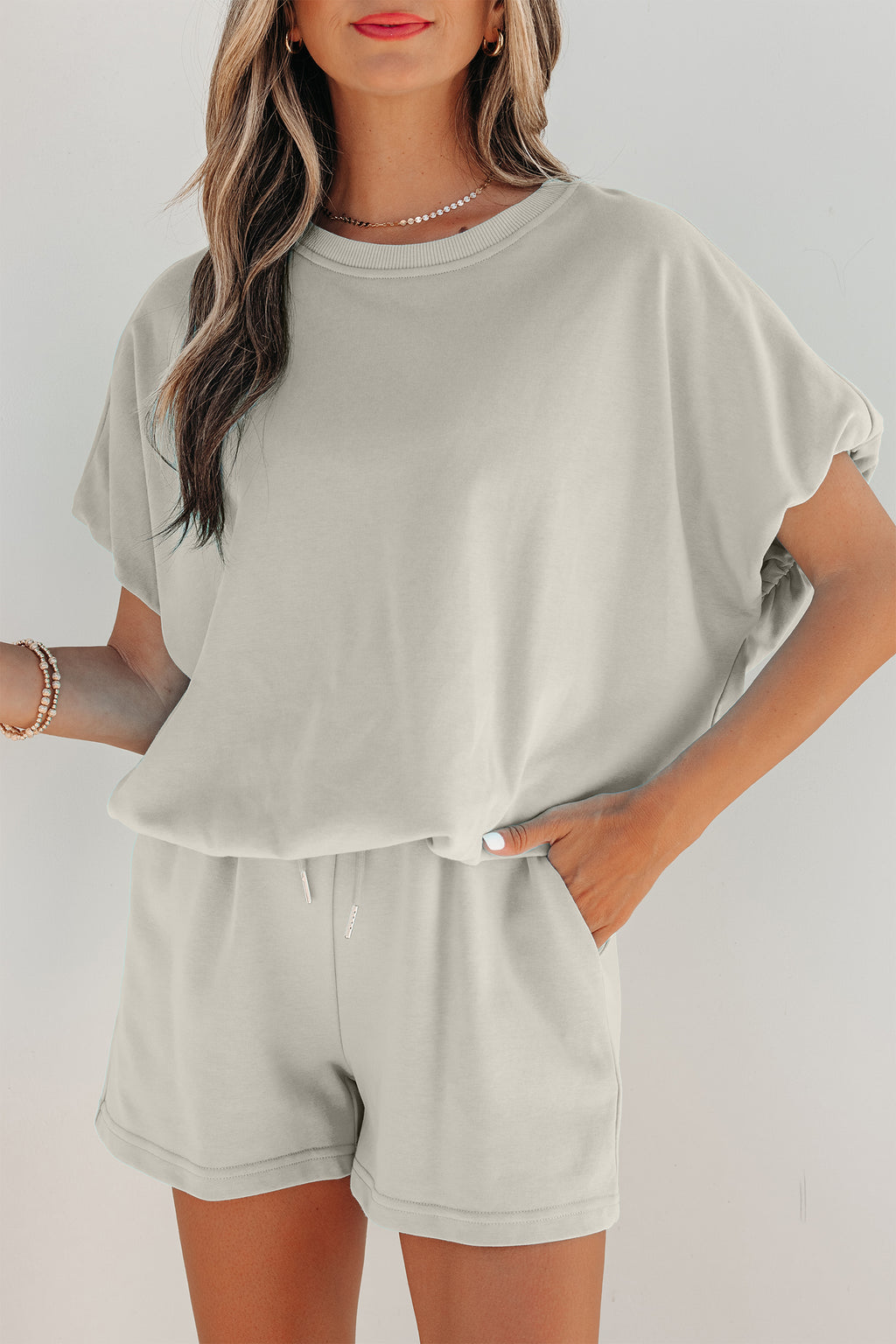 Light Blue Solid Color Puffy Loose Top Drawstring Shorts 2pcs Outfit