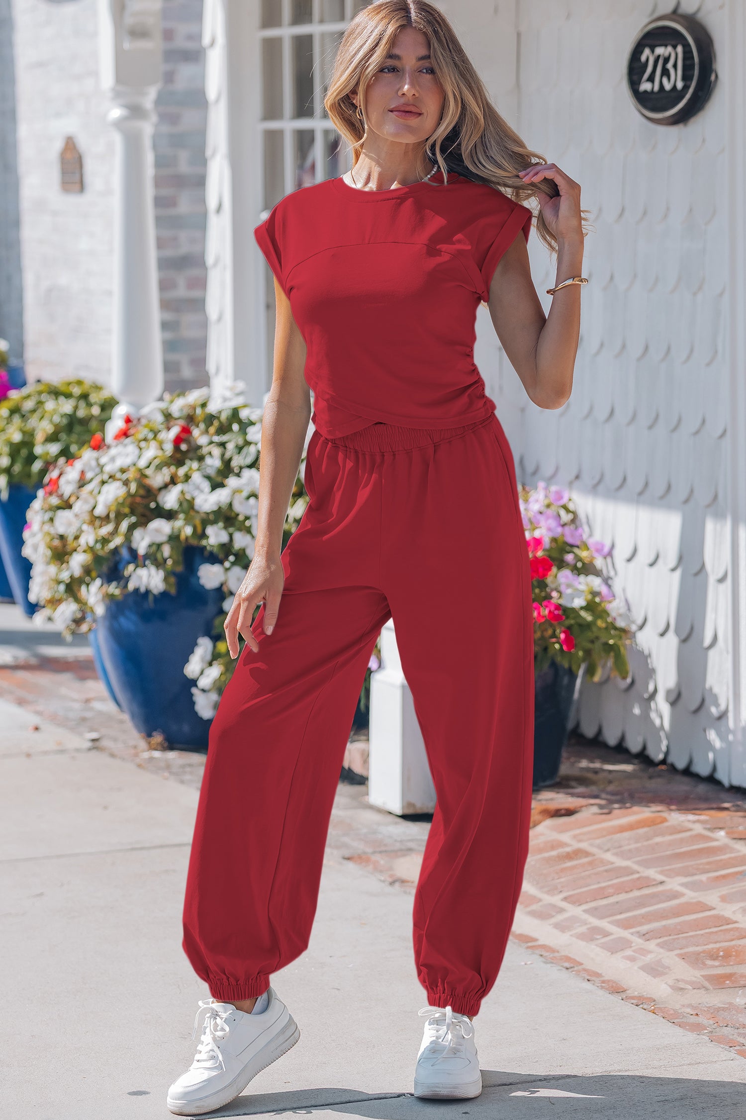 Solid Color Cropped Tank Top and Jogger Pants Set