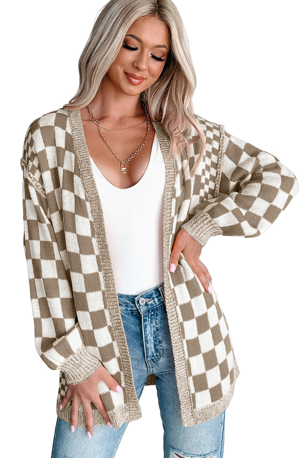 Checkered Open Front Drop Shoulder Cardigan