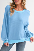 Strawberry Pink Twisted Ribbed Seamed Patchwork Long Sleeve Top