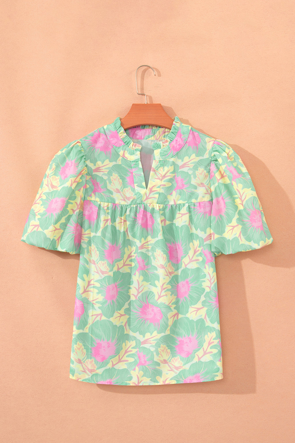 Short Bubble Sleeve Summer Floral Blouse