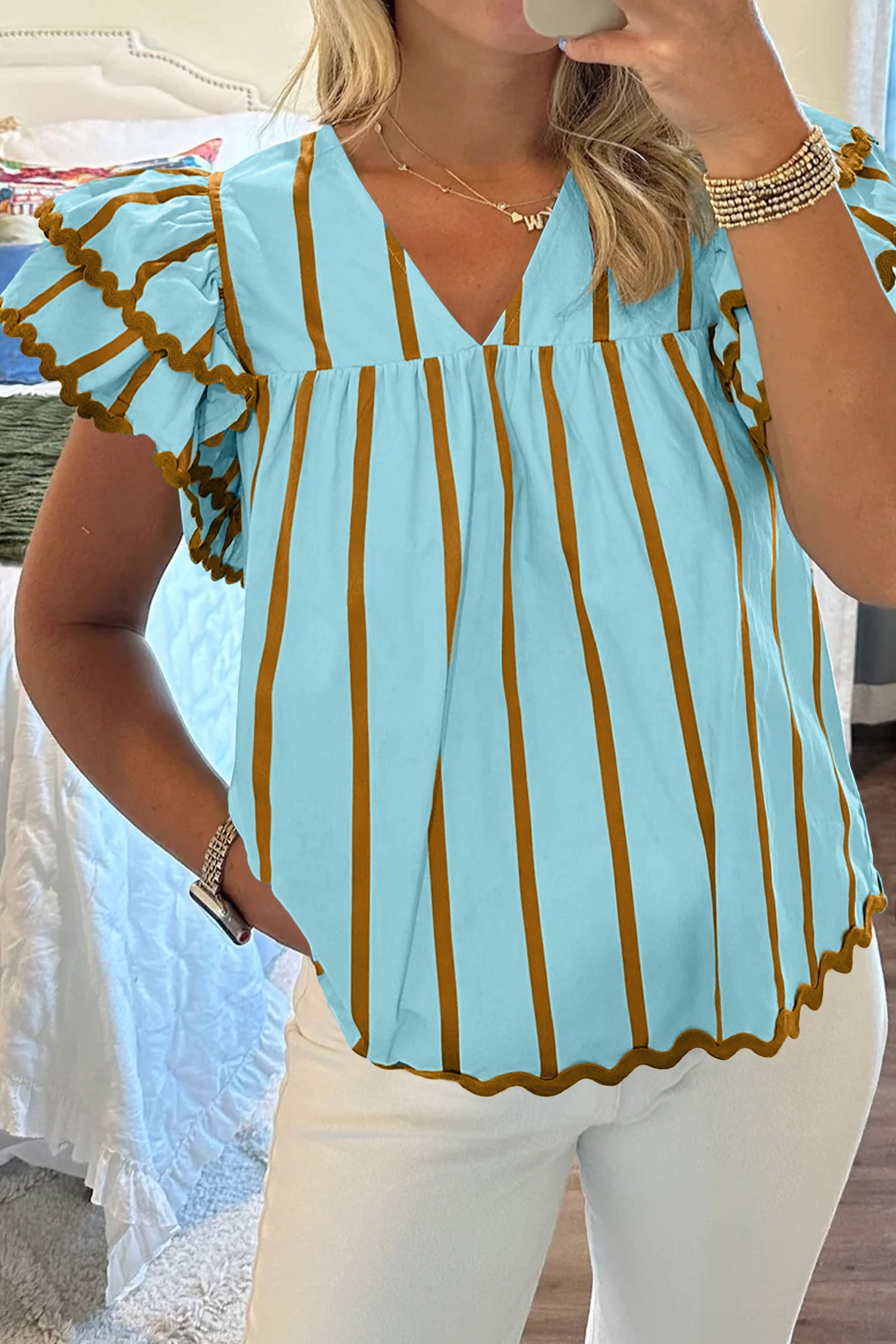 Stripe Ruffled Short Sleeve Blouse