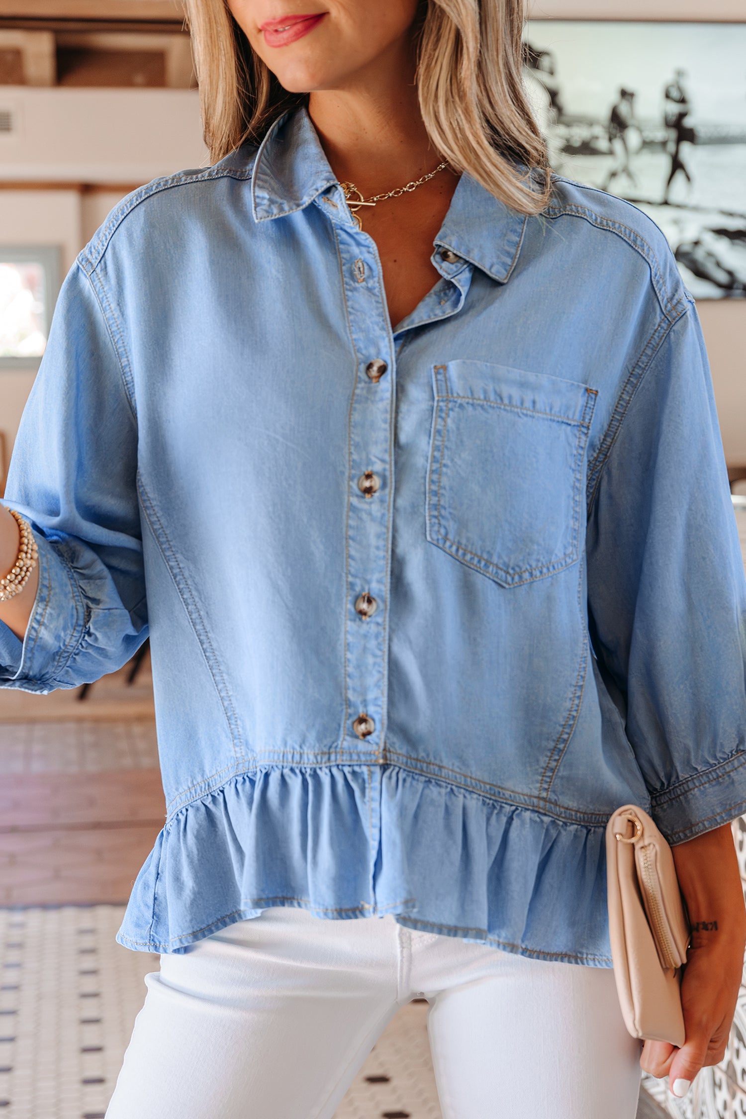 Half Sleeve Button Down Ruffled Chambray Shirt