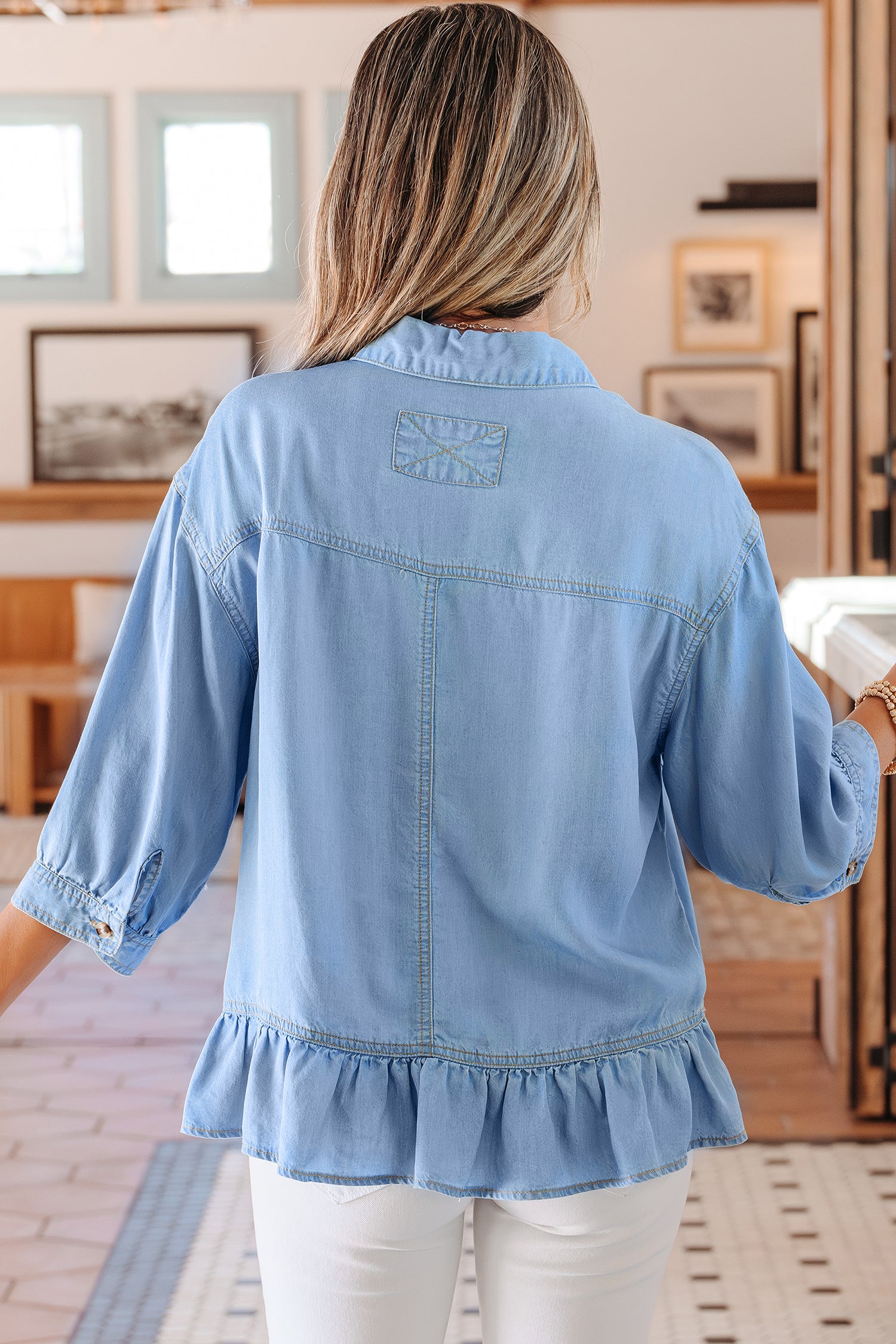Half Sleeve Button Down Ruffled Chambray Shirt
